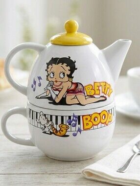 Betty Boop White Teapot and Cup Set with Yellow Lid and Colorful Graphics